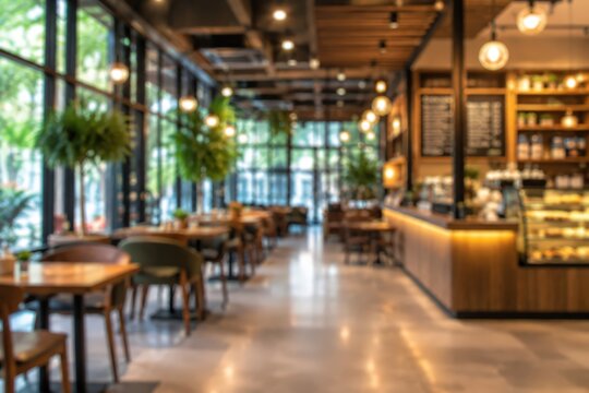 blurred interior of modern urban cafe with industrial wood accents, large windows, pendant lights, and cozy seating.