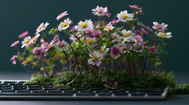 Delicate pink and white flowers bloom from a mossy patch atop a computer keyboard against a dark background