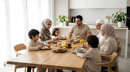 Fototapeta premium Muslim family sharing meal at dining table