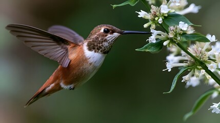 Naklejka premium A hummingbird hovers near white flowers its wings blurred by motion as it feeds on nectar from a cluster of blossoms