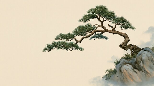 Expanding Horizon concept with a graceful pine tree growing on rocks and a bird, traditional Eastern art background