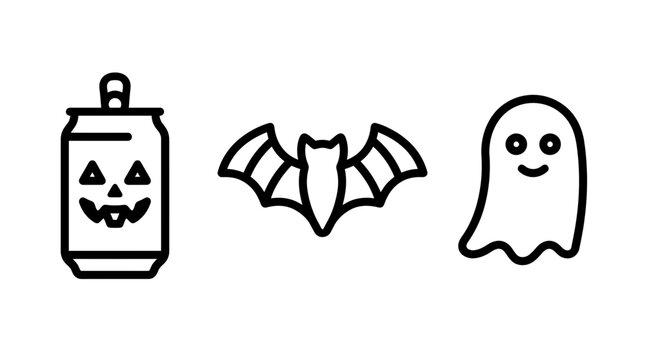 Minimalist black and white outline vector icons set featuring a jack o lantern beverage can a flying bat and a friendly ghost for halloween designs halloween beverage friendly creature minimalist