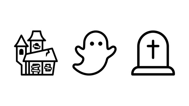 Halloween outline icon set displaying haunted house ghost gravestone with gravestone tombstone halloween cemetery collection graveyard monument building architecture nightmare festival