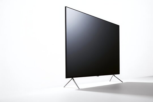 Sleek widescreen television on a minimalist metal stand isolated on white background
