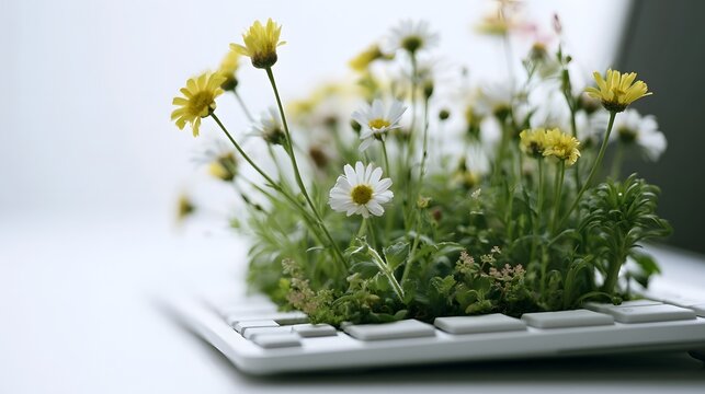 Yellow and white daisies bloom unexpectedly from a modern keyboard under soft diffused lighting
