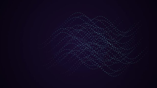 Abstract digital data particles moving in wavy organic patterns against dark purple background creating cinematic motion design for technology and science media.