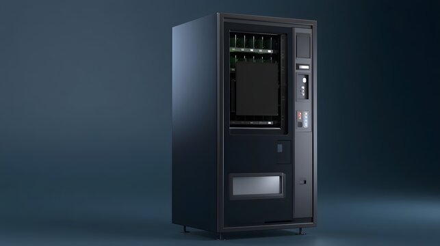 Modern black vending hine with illuminated interior and control panel against a dark blue studio background