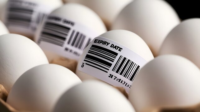 Close up of eggs with expiry date labels showing barcode for inventory tracking in a structured carton arrangement