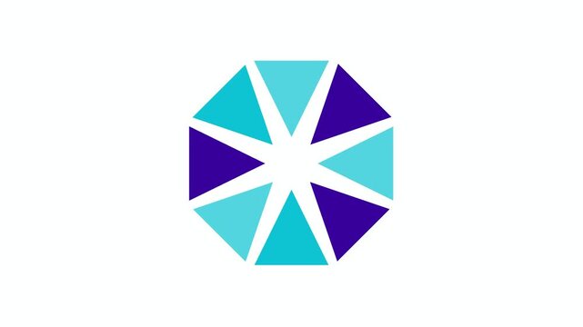 A mosaic triangle pinwheel in sky blue indigo and cyan rotates eight triangular wedges three hundred sixty degrees expanding petal distances radially during rotation