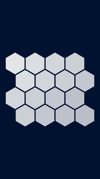 A white monochrome cool-blue four by four hexagonal honeycomb grid flips hexagon tiles in diagonal succession rippling brightness across cells on a dark sapphire background