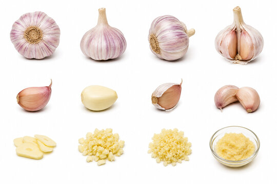 head of peeled garlic from different angles and in different shapes, including divided into cloves and sliced ​​in different shapes