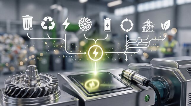 Industrial machinery displaying digital energy flow infographics inside manufacturing facility for sustainable power
