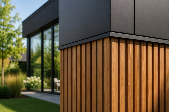 Moderne Holzlamellenfassade mit dunkler Metallverkleidung