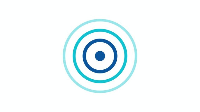 A concentric cool-blue geometric circle emblem in cobalt cyan and sky blue expands four rings outward while rotating three hundred sixty degrees continuously