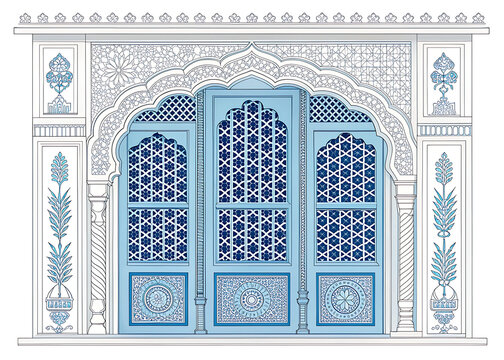 Royal Jodhpur haveli window with blue-inspired ornamental details, carved sandstone frame, geometric jali panels, luxury vector illustration.