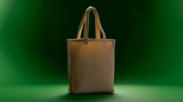 Eco-friendly canvas tote bags in beige and green rotating against a dark green background.