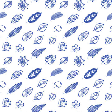 Tropical Leaves and Flowers Hand Drawn Doodle Seamless Pattern with Monstera, Fern and Botanical Foliage