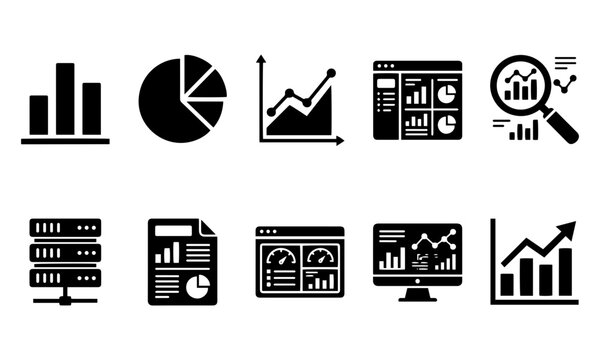data analytics and business intelligence solid silhouette icon bundle
