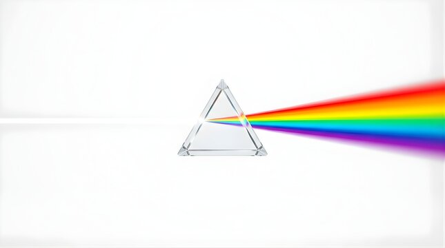 Glass prism splitting a white light beam into a rainbow spectrum