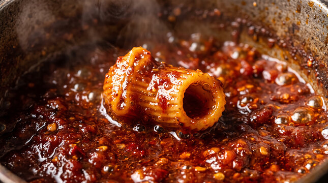 Steaming Libyan Makarouna Imbakhbakha One-Pot Rigatoni Pasta Cooking in Simmering Spicy Tomato Sauce Macro Close-Up