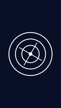 A white monochrome cool-blue target circle with a rotating crosshair pulses three concentric ring radii spinning the center crosshair three hundred sixty degrees on a midnight blue background