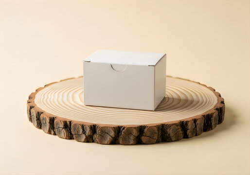 Small white cardboard box sitting on a circular wooden slice against a light beige background