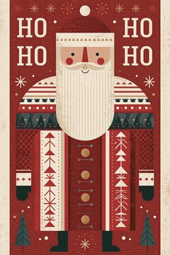Scandinavian Folk Art Santa Claus Christmas Illustration with Ho Ho Ho Text