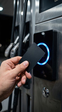 Man paying for gasoline with a credit card at a fuel station pump. Contactless payment technology for vehicle fuel purchase. Economic concept of rising inflation and energy costs.