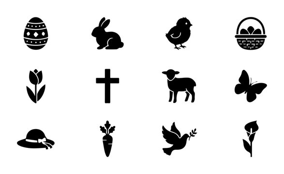 Easter Icons Set: Festive Vector Graphics for Spring Celebrations, Including Eggs, Bunnies, Chicks, and Crosses, Perfect for Holiday Design