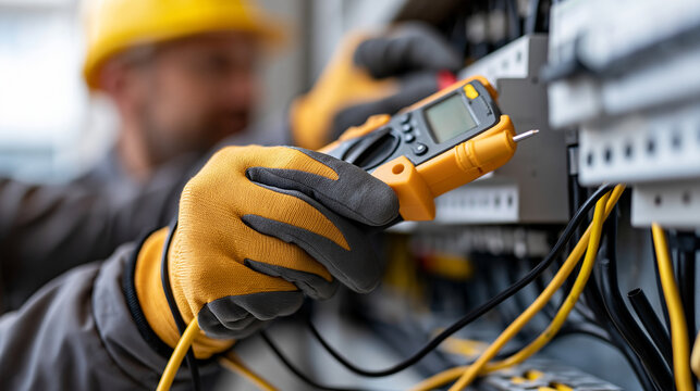 Electrical service technician measuring current inside a power distribution panel using professional testing equipment, circuit breaker inspection, electrical maintenance, wiring