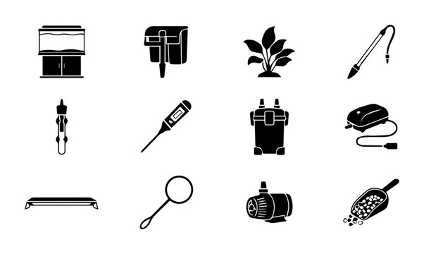 Aquarium Equipment Icons Set, Fish Tank Accessories Vector Graphics, Aquatic Pet Care Tools Collection, Black and White Silhouette Illustrations