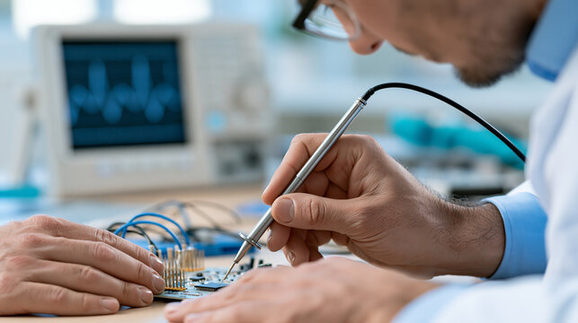 Electronics repair technician soldering a microchip on a circuit board, oscilloscope and technical instruments in background, hardware troubleshooting, electronics maintenance,
