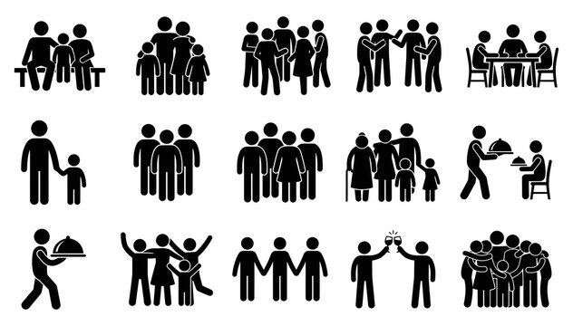 Diverse groups of people icons set representing community teamwork and social interaction. Thanksgiving Family and Gathering Icons Bundle