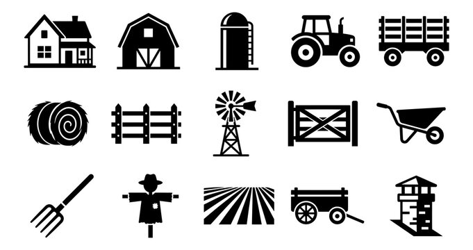 Black silhouette icons representing various elements of farming and rural life