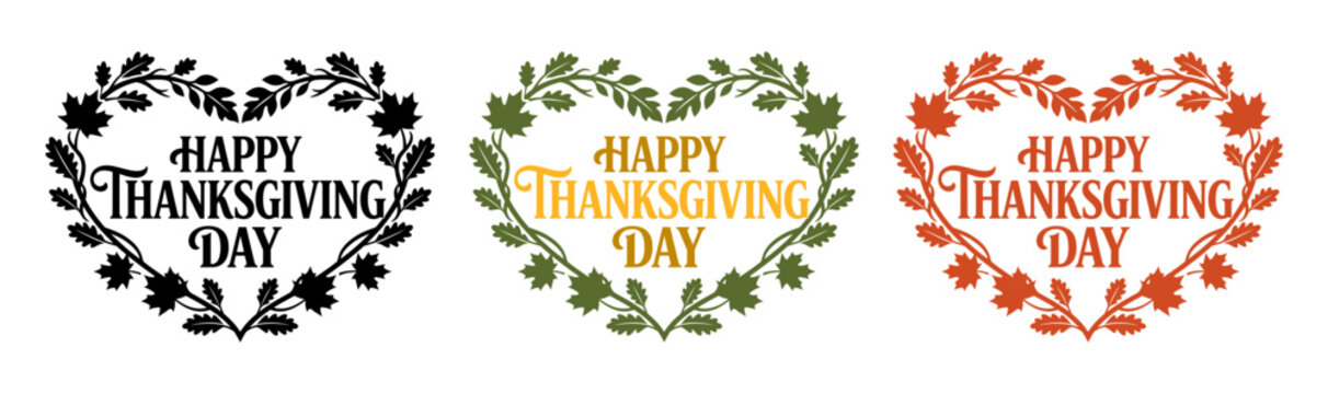 Three heart shaped wreaths with thanksgiving day greetings in different colors