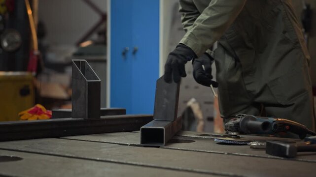 Caucasian male welder wearing gloves marking metal profile with pencil on workbench in workshop. Footage is suitable for industrial manufacturing promos and vocational training videos