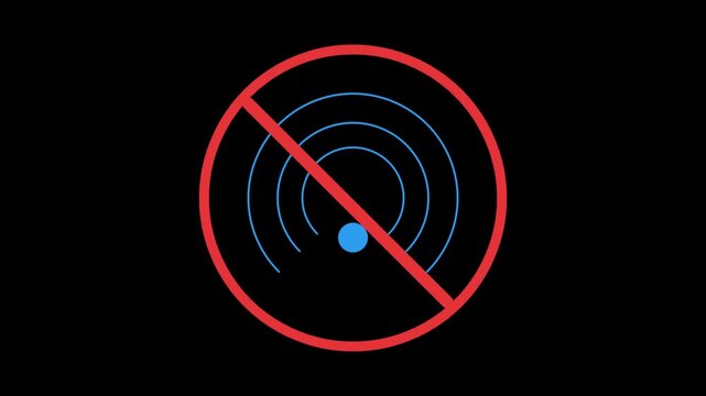 Prohibited wireless signal icon animation showing blocked wifi connectivity alert symbol rendered in flat motion graphics style against dark black background loop.