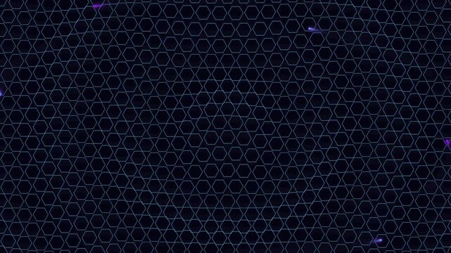 Abstract digital hex grid animation with glowing purple particles moving across futuristic blue geometric lattice surface in dark space for tech background use.