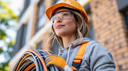 Fototapeta premium Female electrician holding a coil of electrical cables while wearing safety glasses and protective helmet, electrical installation, construction technician, wiring maintenance,