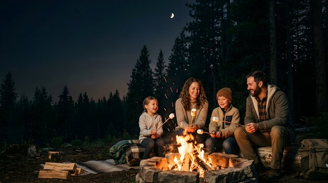 Happy family roasting marshmallows over a campfire in the woods at night