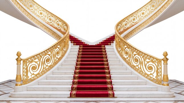 Grand marble staircase featuring ornate gold railings and luxurious red carpet runner isolated beautifully against a clean plain on white background