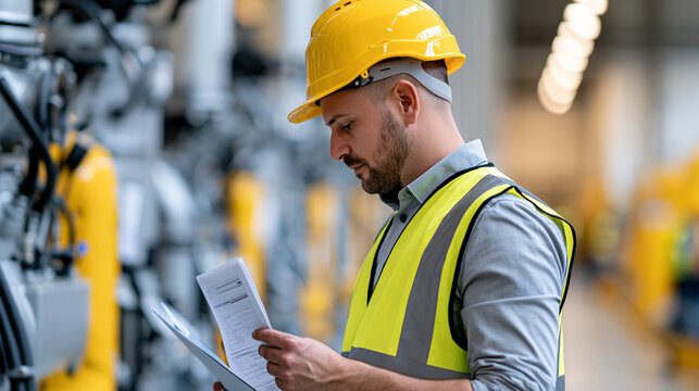 Young industrial engineer reviewing technical documents inside a factory corridor, hard hat, high-visibility vest, production machinery in background, engineering planning,