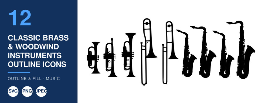Classic Brass and Woodwind Instruments, Outline Icons Set. Musical Instrument Design, Vector Illustration