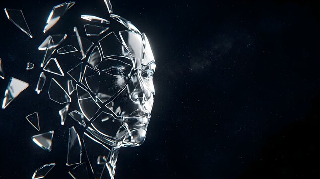 Human face shattering into glass fragments on a dark space background