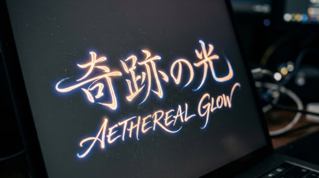 Neon Glowing Typography on Laptop Display Featuring Japanese and English Text