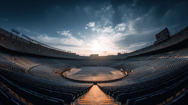 Vast stadium seating under a dramatic sky at sunset, ready for competition. An empty, expansive sports stadium with rows of seats facing a central field, bathed in the warm glow of the setting sun