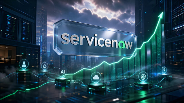 ServiceNow logo with rising stock chart in modern city

