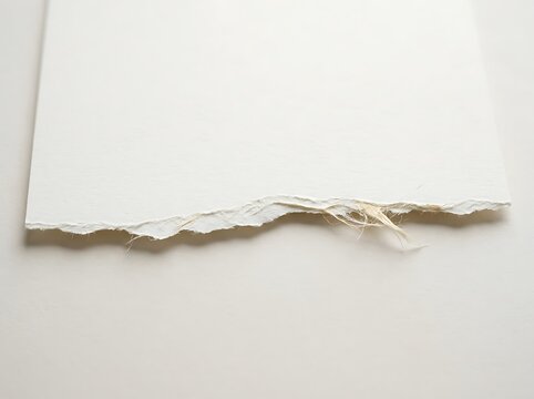 Torn edge of white paper with frayed fibers on light background