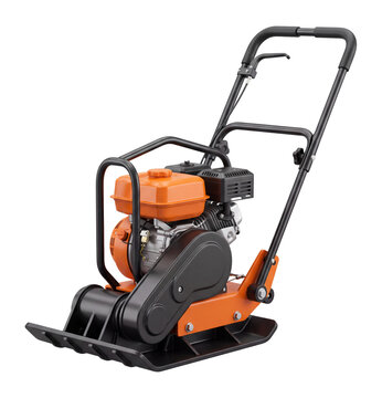 Plate compactor with heavy steel base and folding handle, orange vibratory soil tamper machine isolated on transparent background