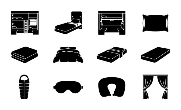 Bedding and Sleep Accessories Icons: Bunk Beds, Mattresses, Pillows, Sleeping Bags, Curtains, and Neck Pillows, Vector Set for Comfort and Rest